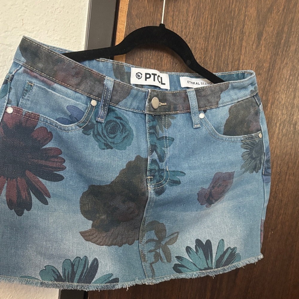 TCL Denim Mini Skirt with Multicolor Floral Print - Blue